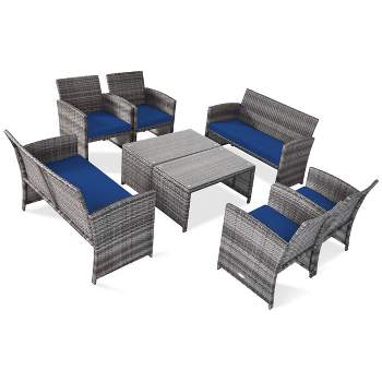 Tangkula 8-Piece Outdoor Patio Furniture Set Rattan Wicker Conversation Sofa Set Navy