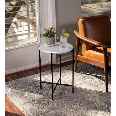 Round Marble Top Folding Side Table with Black Metal Legs