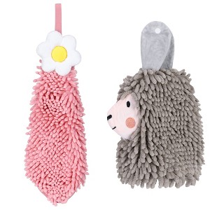 REGALWOVEN Soft Absorbent Flower Pattern and Sheep Pattern Chenille Hand Towel with Loop 6" x 15"/7" x 11" 2 Pcs - 1 of 4