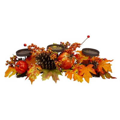 Northlight 21" Orange Fall Harvest Leaves and Pumpkins Candle Holder