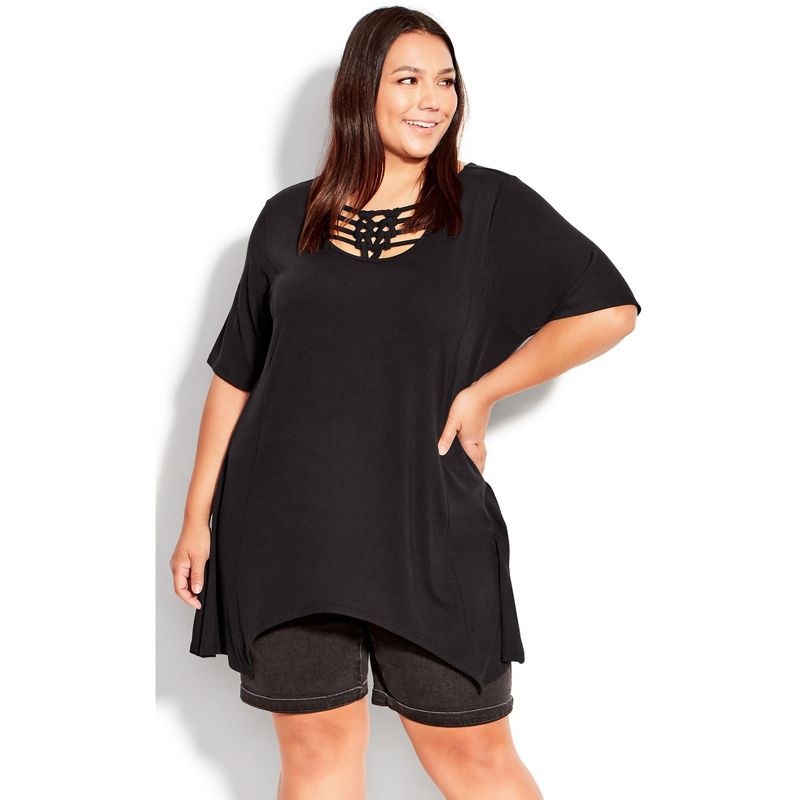 Women's Plus Size Knotted Cage Tunic - black | AVENUE, 1 of 4