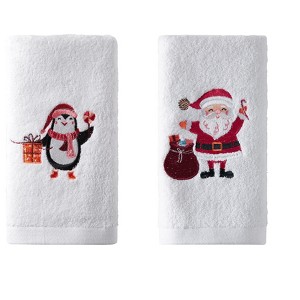 Kate Aurora 2 Piece Christmas Penguin & Santa Claus Embroidered Cotton Hand Towel Set - 1 of 2