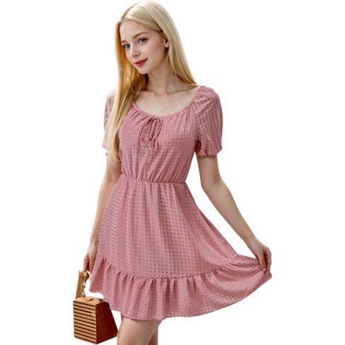 Anna-kaci Women's Tie Neck Gingham Print Dress- Medium,mauve Pink : Target