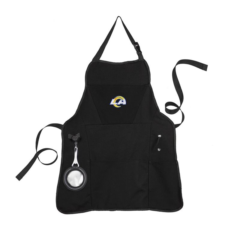 Evergreen Los Angeles Rams Black Grill Apron- 26 x 30 Inches Durable Cotton with Tool Pockets and Beverage Holder, 1 of 6