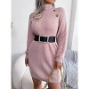 Womens Turtle Neck Sweater Dress Rib Knit Chunky Sweater with Lantern Sleeve Button Deco Ribbed Cuff Fall Sweater Mini Dress - 4 of 4