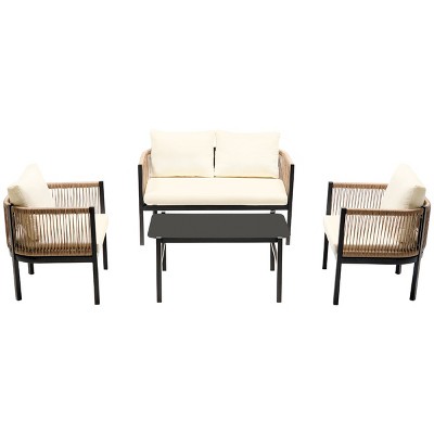 Outdoor 4 Pcs Seating Set, Multi-person Lounge Sets with Tempered Glass Table, Patio Lounge Sets with Iron Frame and PE Cushions-Coolbibila