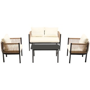Outdoor 4 Pcs Seating Set, Multi-person Lounge Sets with Tempered Glass Table, Patio Lounge Sets with Iron Frame and PE Cushions-Coolbibila - 1 of 4