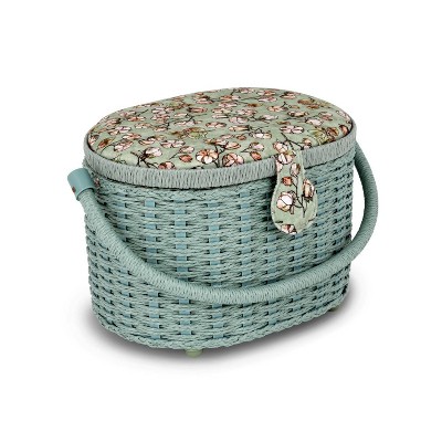 Small Soft Green Floral Oval Weaved Sewing Basket with Cord Handle