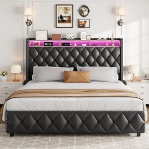Platform Bed Frame with Velvet Upholstery, Headboard, 4 Storage Drawers, LED Lights, Charging Station, No Box Spring Needed, Easy Assembly. - 1 of 4