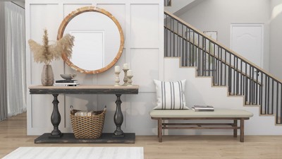 Vintage Round Brown Wood Wall Mirror
