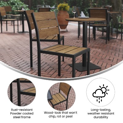 Natural Faux Teak and Gray Metal Armless Stacking Chair
