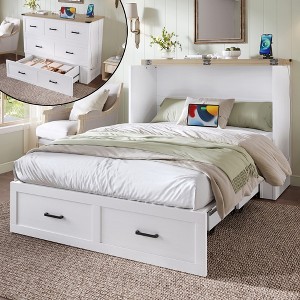 ModernLuxe Full/Queen Size Murphy Bed Space Saving Foldable Bed with Charging Station & Storage Drawer, White/Gray - 1 of 4