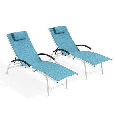 Pellebant 2 pcs Outdoor Aluminum Adjustable Reclining Chaise Lounge Chair with Arms & Headrest