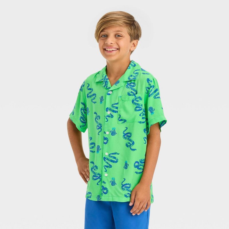 Boys' Short Sleeve Woven Snake Printed Button-Down Shirt - Cat & Jack™ Green, 1 of 5