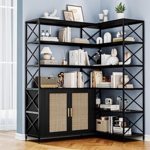 Acekool 6-Tier Corner Bookshelf with Metal Frame & Rattan Door Cabinet, Large Farmhouse L-Shaped Bookcase for Home and Office – Available in Black - 1 of 4