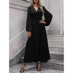 Womens Dress Lantern Sleeve V Neck Elegant Casual High Slit Maxi Dress - 1 of 3