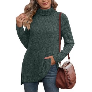 Women's Fall Winter High Neck Ribbed Knit Top - Loose Fit T-Shirt with Side Slits - 1 of 4