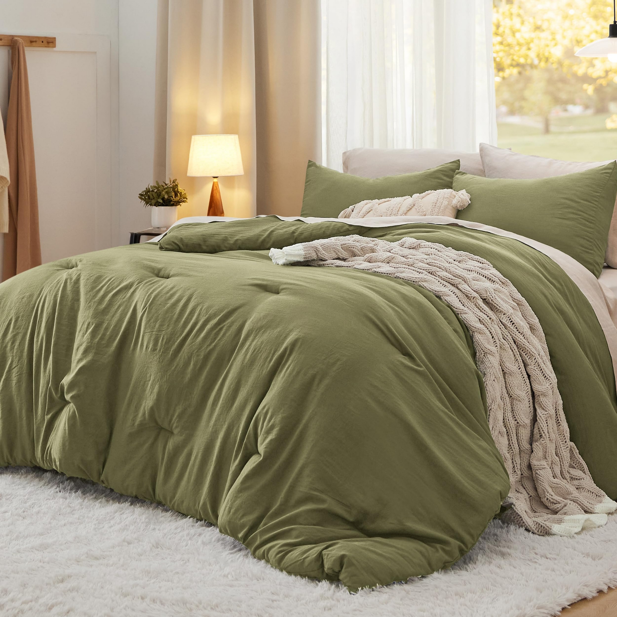 Bedsure Queen Size Comforter Set Olive Green Soft Prewashed Bedding All Seasons 3 Pieces GentleSoft™ Warm Down Alternative Bed Set Mother's Day Gift