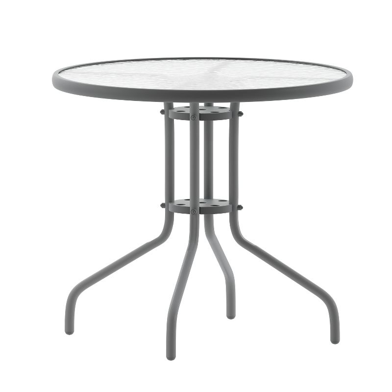 Flash Furniture Lila 31.5'' Round Glass Metal Table with 4 Metal Aluminum Slat Stack Chairs, 4 of 13