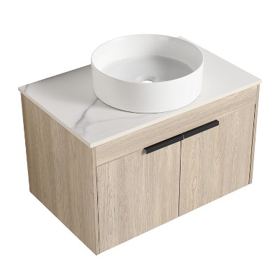Vynxaria 42 in. Single Floating White Oak Plywood Bath Vanity with White Flat Stone Slab Ceramic Top KD-PACKING Ready to Assemble