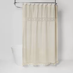 Solid Crochet with Tassels Shower Curtain Tan - Opalhouse™