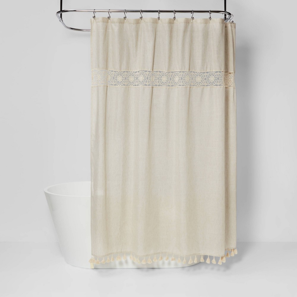 Solid Crochet with Tassels Shower Curtain Tan - Opalhouse