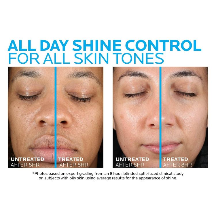 Side-by-side comparison showing untreated and treated skin after 8 hours, with text "ALL DAY SHINE CONTROL FOR ALL SKIN TONES" above.
