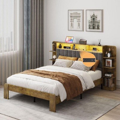 Streamdale Queen Bed Frame with LED Lights, Storage, Linen Headboard, and Shelves