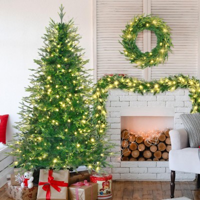 INFURNIC Artificial Trees 6FT Pre Lit Aspen Fir Christmas Tree Set with Wreath and Garland for Holiday Decor, Green, 44.9"*44.9"*72"