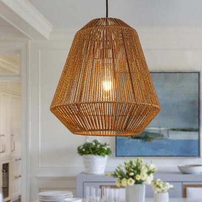 ALOADECOR Handcrafted 1-Light Farmhouse Natural Rattan Pendant Light-Coastal Lantern Hanging Lamp With Rope Woven Shape
