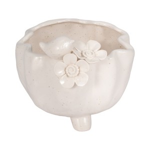 Ceramic Planter Pot with Bird and Floral Design - Plant Pot for Indoor & Outdoor - Decorative Footed Flower Pot - 6" Ivory & Tan - 1 of 4