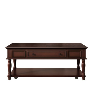 Luxystar Farmhouse Coffee Table with One Drawer Lockable Wheels and Solid Wood Legs for Living Room, Espresso