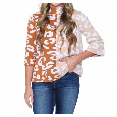 Women's Color Block Animal Print Mock Neck Sweater - Fate