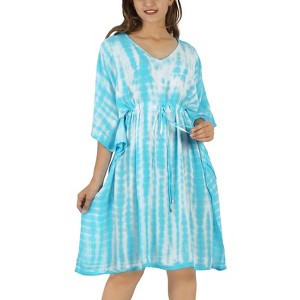 LA LEELA Women's House Daily Routine Evening Wear Vacation Casual Dailywear Holiday Relaxed Fit Caftan Short Loungewear 1X-2X Blue, Tie Dye Design - 1 of 4