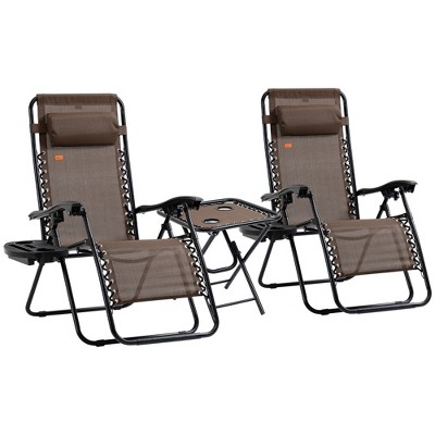 Outsunny Zero Gravity Chair Set with Side Table, Adjustable & Folding Reclining Lounge Chairs, Anti-Gravity Chairs with Cupholders & Pillows