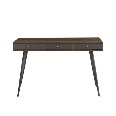 LIVAREEmlen Mid Century Desk, Modern Writing Study Desk with Drawers, Multifunctional Home Office Computer Desk, Walnut+Dark Grey