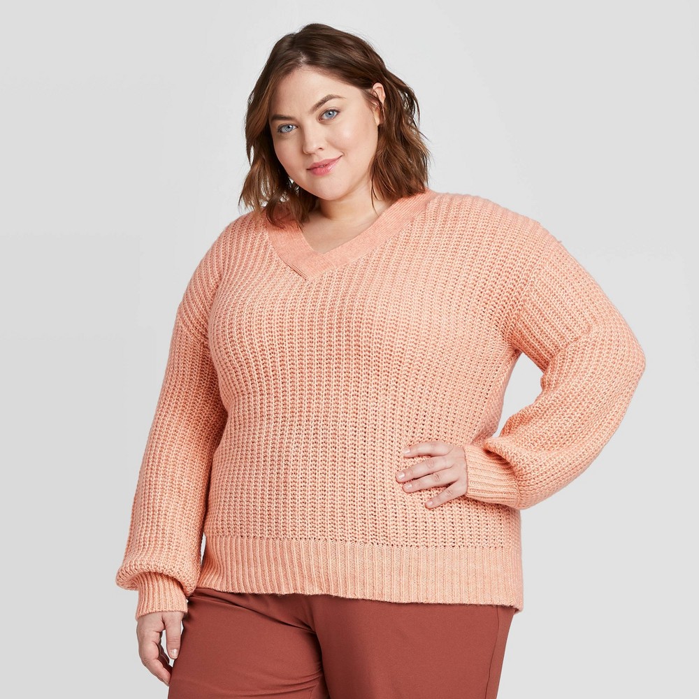 Women's Plus Size V-Neck Pullover Sweater - Ava & Viv Coral 4X, Women's, Size: 4XL, Pink was $27.99 now $13.99 (50.0% off)