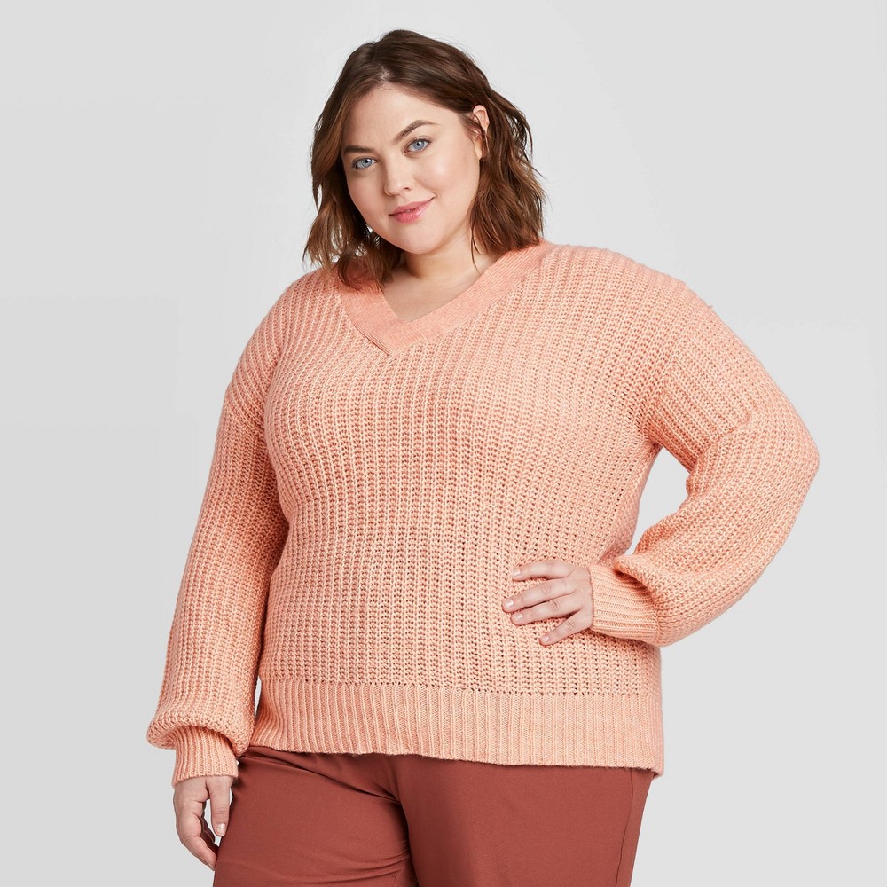 Women's Plus Size V-Neck Pullover Sweater - Ava & Viv Coral 1X, Women's, Size: 1XL, Pink was $27.99 now $19.59 (30.0% off)