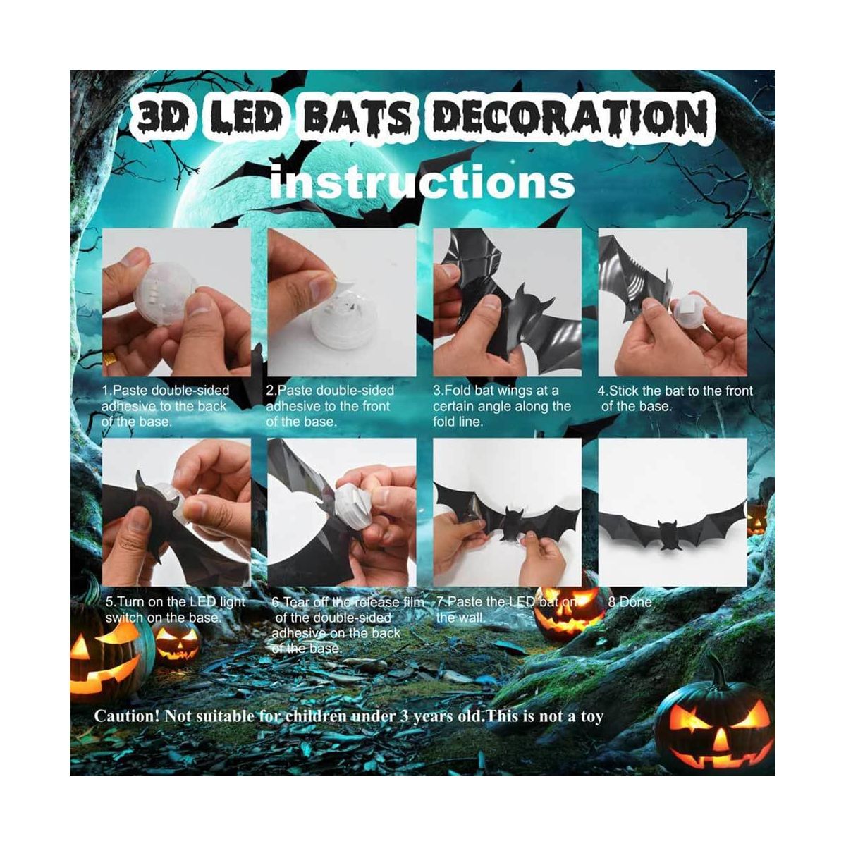 96 pack Halloween 3D Bats Wall Decor, Luminous Scary Bat Window Cling | Lighted, Assorted Size, Halloween Party Supplies for Bedroom, Home, Indoor - thumbnail 5