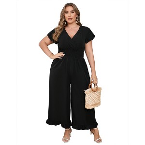 Women's Plus Size Wide Leg Floral Jumpsuits Casual Summer Short Sleeve Fashion Outfit Criss Cross Neck Smocked Waist - 1 of 4