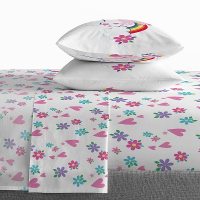 White Microfiber Toddler Sheet Set with Floral and Hearts Design