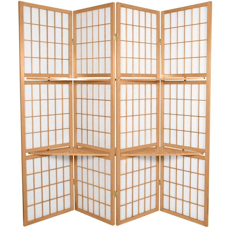 Oriental Furniture 5.5' Tall Window Pane with Shelf Room Divider 4 Panels Natural, 1 of 3