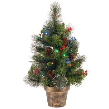 National Tree Company 2ft Pre-Lit Crestwood Spruce Small Tree Silver Bristle, Cones, Red Berries In A Plastic Bronze Pot with 35 Multicolored LEDs
