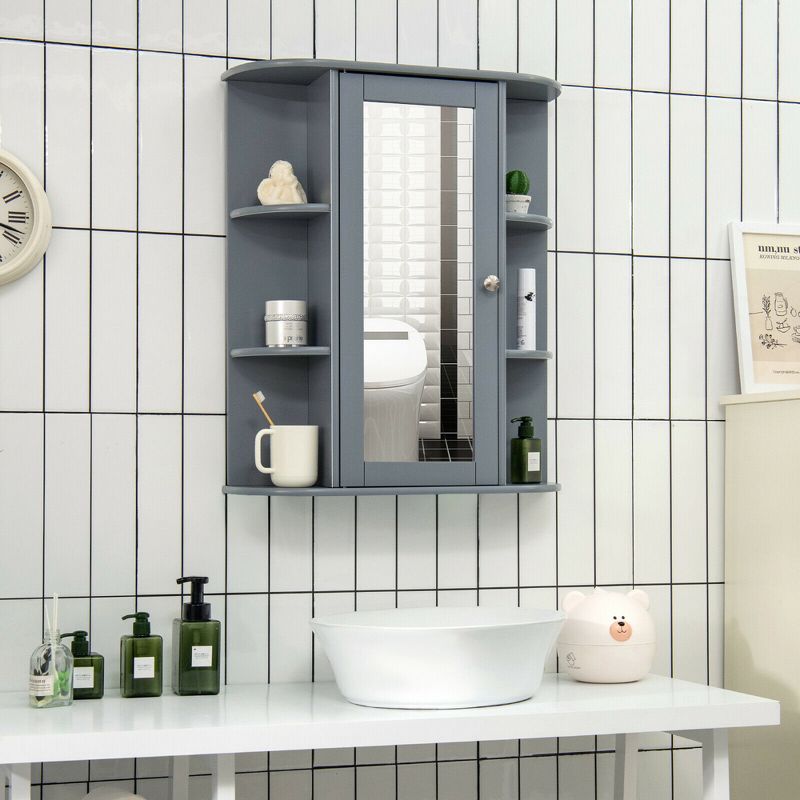 Costway Bathroom Cabinet Medicine Cabinet Single Door Shelves Wall Mount Cabinet W/ Mirror Gray, 2 of 10