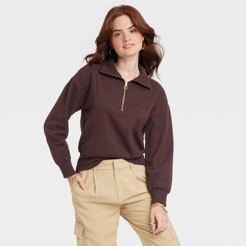 Women's Quarter Zip Sweatshirt - A New Day™ Brown M : Target