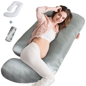 Biloban- U Shaped Full Body Pregnancy Pillow, Grey Maternity Pillow with Removable Cover Zipper Cover， Satin Fabric Pillowcase, Pillow Included - 1 of 4