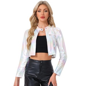 Allegra K Women's Stand Collar Metallic Zipper Cropped Party Club Long Sleeve Jackets - 1 of 4