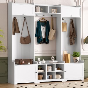 KTMBDW 79" Wide Hall Tree with Bench and Storage, 6 Shoe Cubbies & 7 Coat Hooks, 4 Top Storage Cabinets, Coat Rack with Space for Living Room - 1 of 4