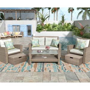 Outdoor 6-Piece Wicker Patio Conversation Set, Sectional Sofa with Glass Coffee Table and Ottomans, Sofa with Foam Cushions–Cuddlewood - 1 of 4