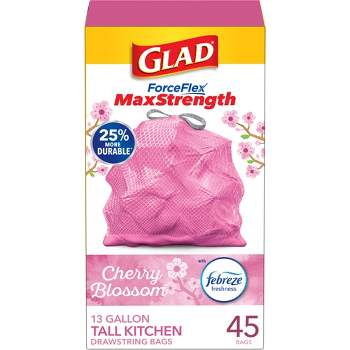 Glad ForceFlex MaxStrength Tall Kitchen Drawstring Pink Trash Bags - Cherry Blossom - 13 Gallon